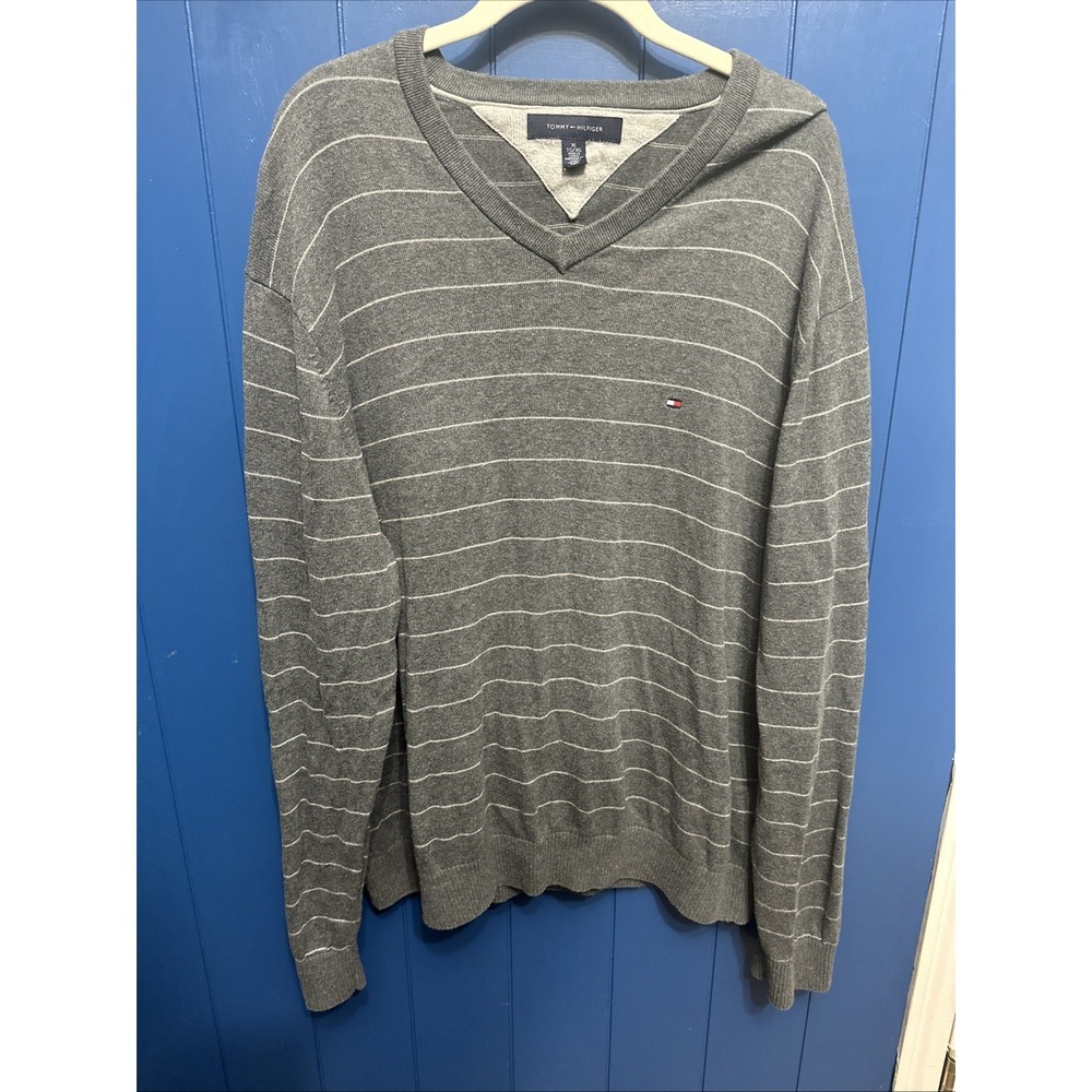 TOMMY HILFIGER MEN'S GRAY Striped‎ SWEATER SIZE XL LONG SLEEVE Pullover MEN